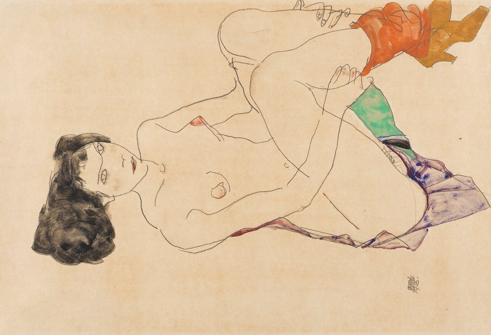 Lying Female Nude With Legs Drawn Up By Egon Schiele