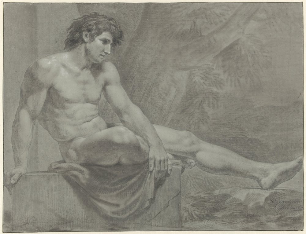 Seated Male Nude Facing Right With Extended Leg