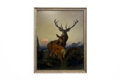 A Stag with a Deer in a Wooded Landscape at Sunset - Carl Friedrich Deiker
