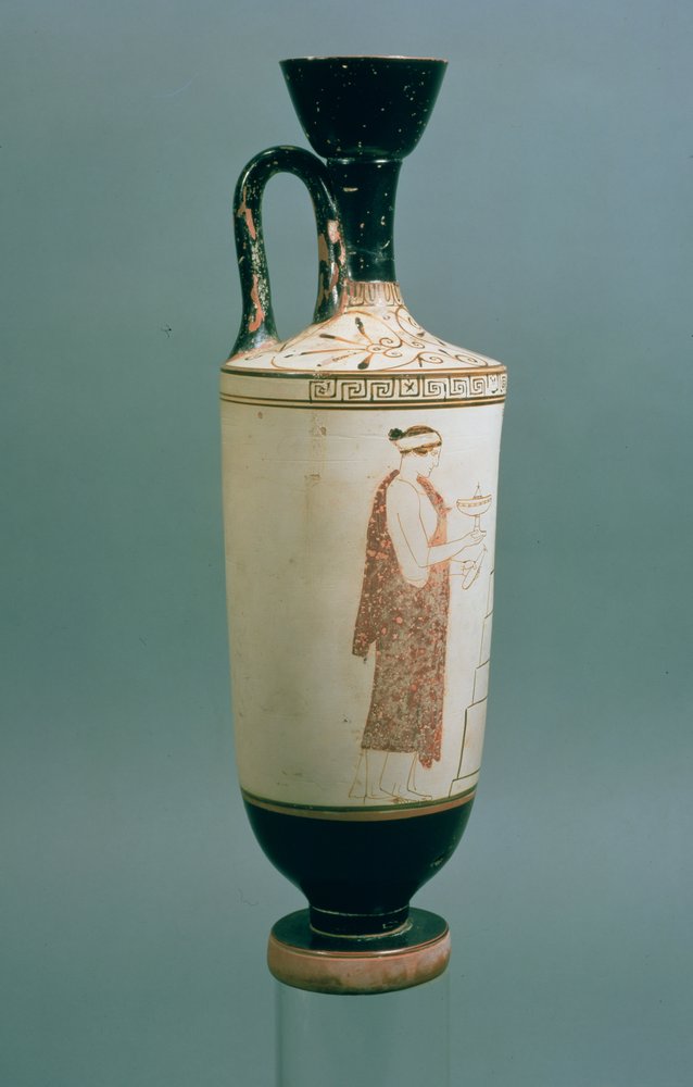 Attic white-ground lekythos decorated with a woman holding a vessel for perfume and an alabastron, from Laurium, Attica by Achilles Painter