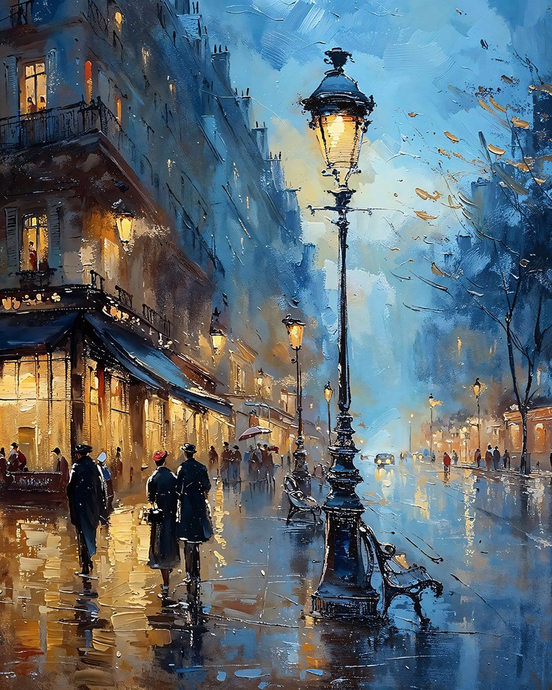 Night after the rain, Paris street in the impressionist style