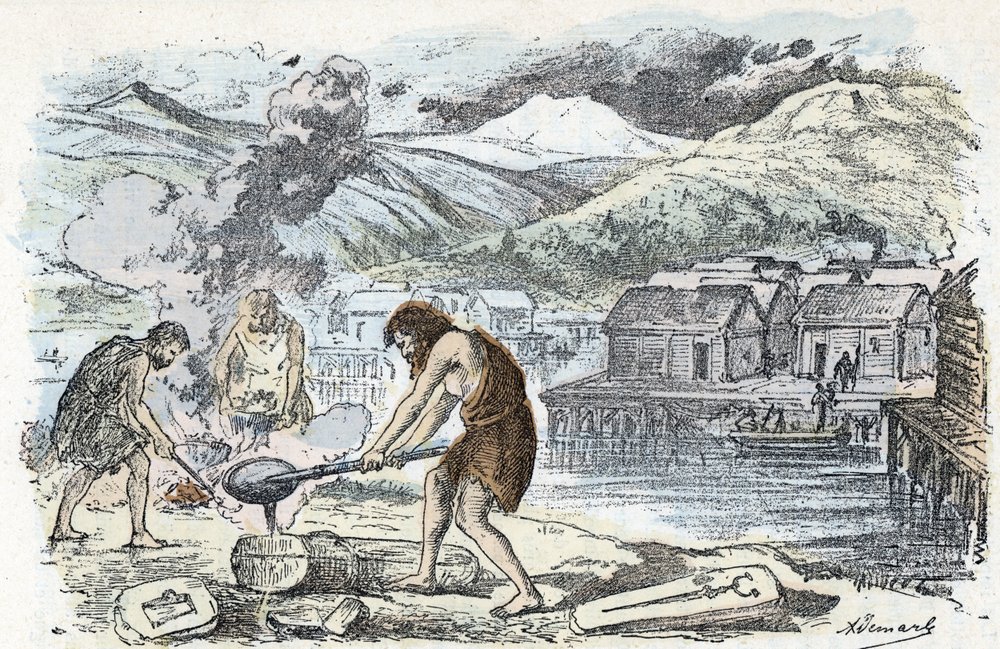 Prehistory, Bronze Age: foundry workshop near a stilt-house settlement. Engraving from “La nature et l