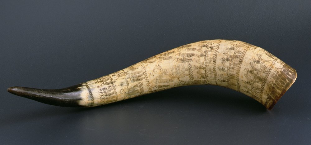 Cow horn engraved with scenes of the Anglo-Zulu War, North Nguni, South ...