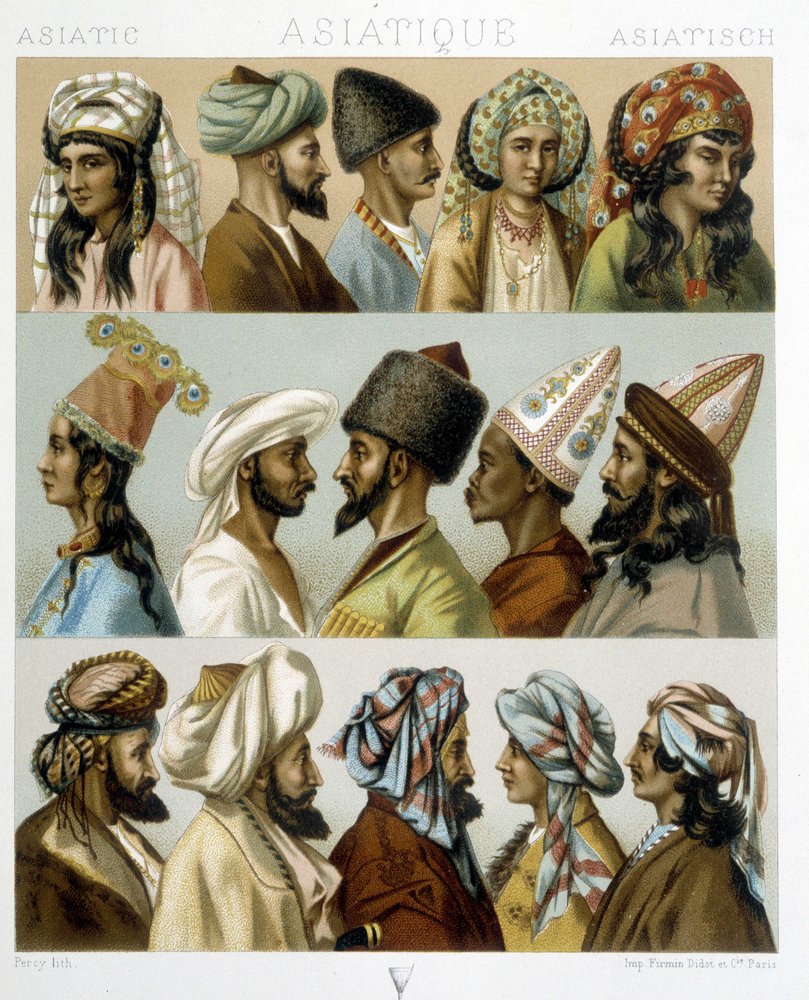 Asian hairstyles - in 'The historical costume' by Racinet, late 19th century by Albert Charles August Racinet