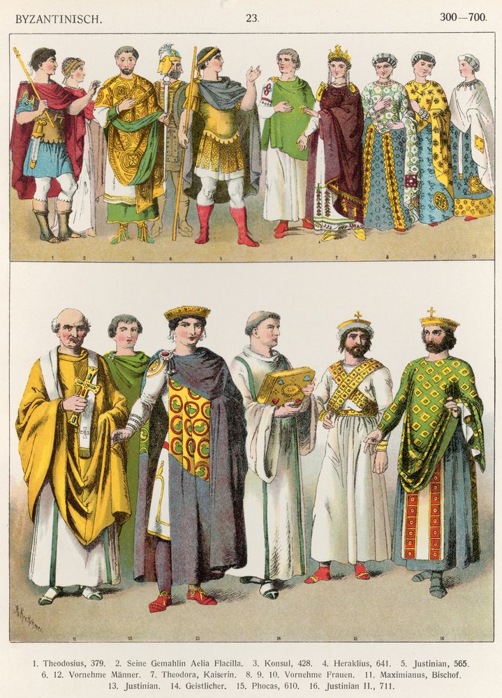 Dress at the Byzantine Court, 300-700, from "Trachten der Völker", 1864 by Albert Kretschmer