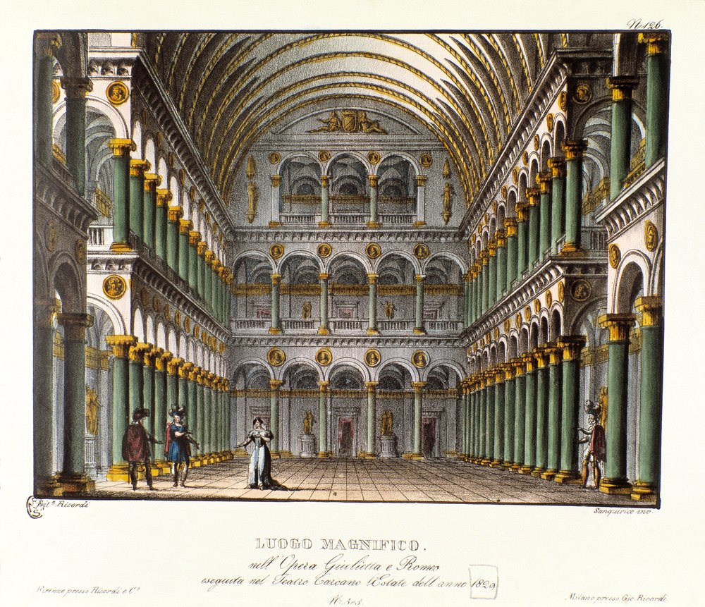 A magnificent place: grand palace hall vaulted Scenography for the performance at the Teatro Carcano in 1829 of the opera 