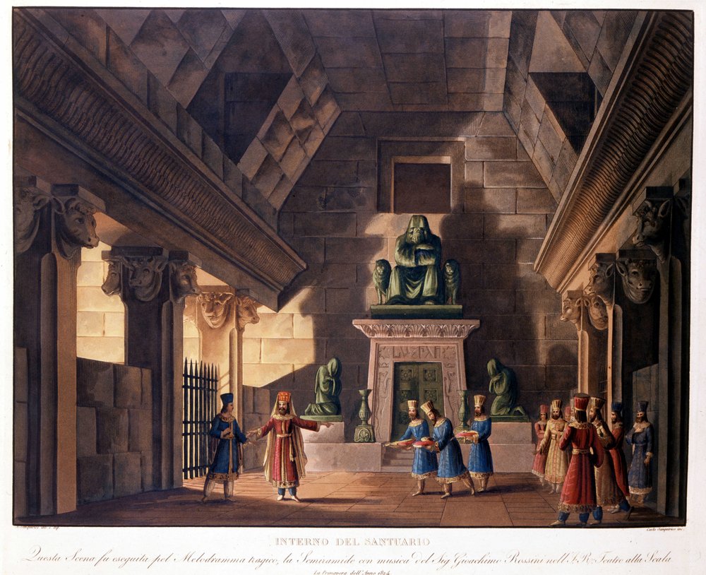 Scenography of Sanquirico for the opera “Semiramis” (Semiramide) by Gioacchino Rossini at the Teatro alla Scala by Alessandro Sanquirico