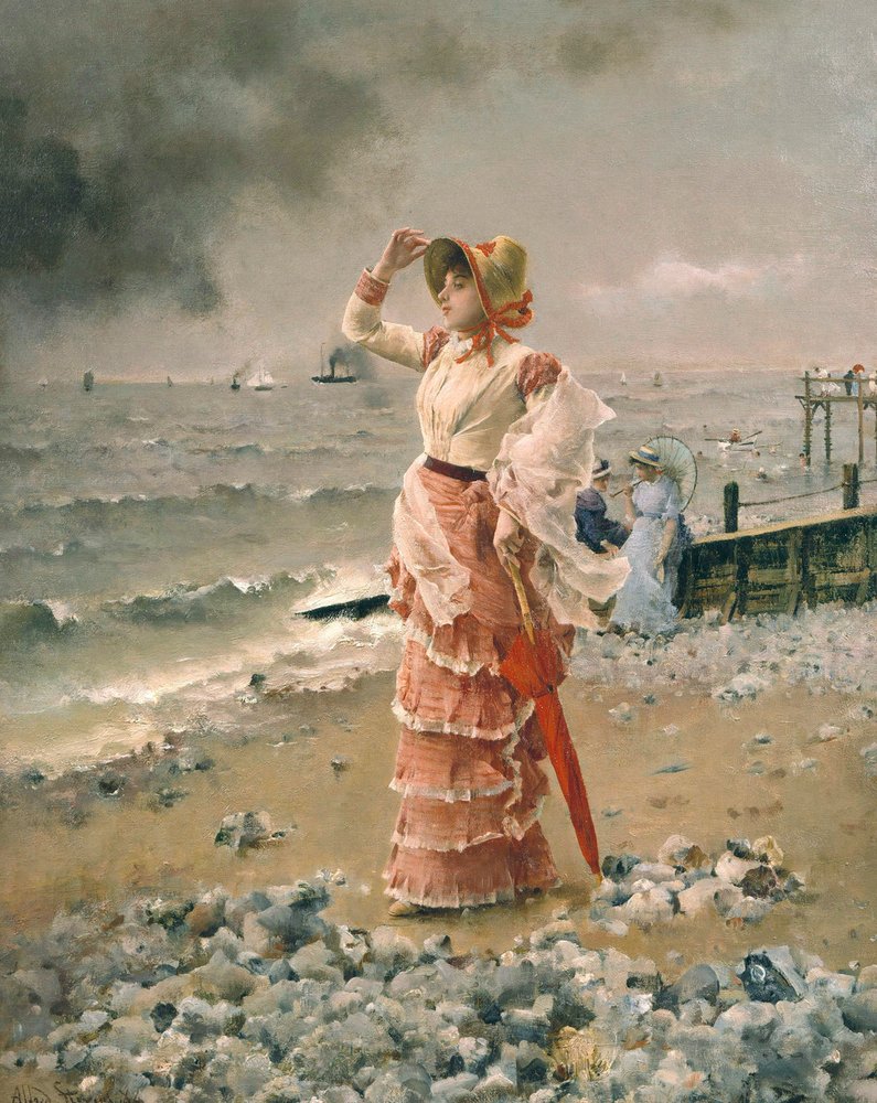 Elegant Woman Watching a Steamer by Alfred Emile Stevens