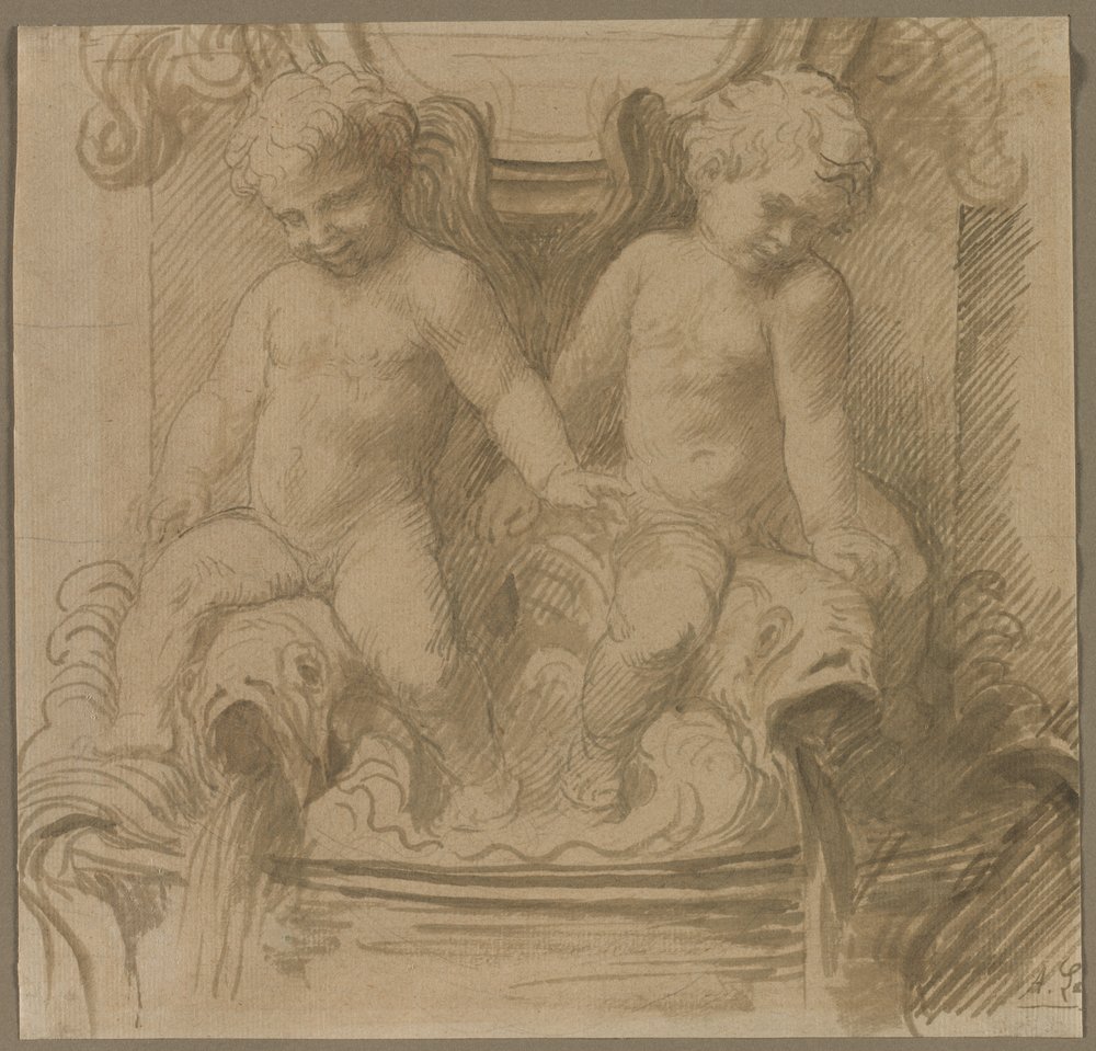 Fountain with Putti Riding Dolphins by Alphonse Legros