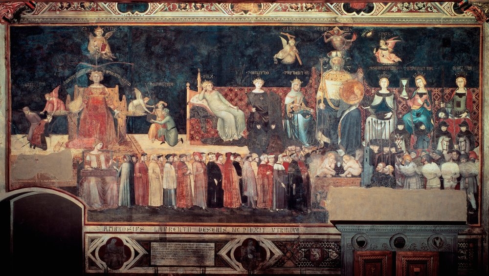 Effects of good and bad government on the city and the countryside (Allegoria del buon e del cattivo governo): detail representing good government (allegories of Peace, Magnanimity, Prudence, Temperance, Justice). Fresco by Ambrogio Lorenzetti (1290-1348). by Ambrogio Lorenzetti