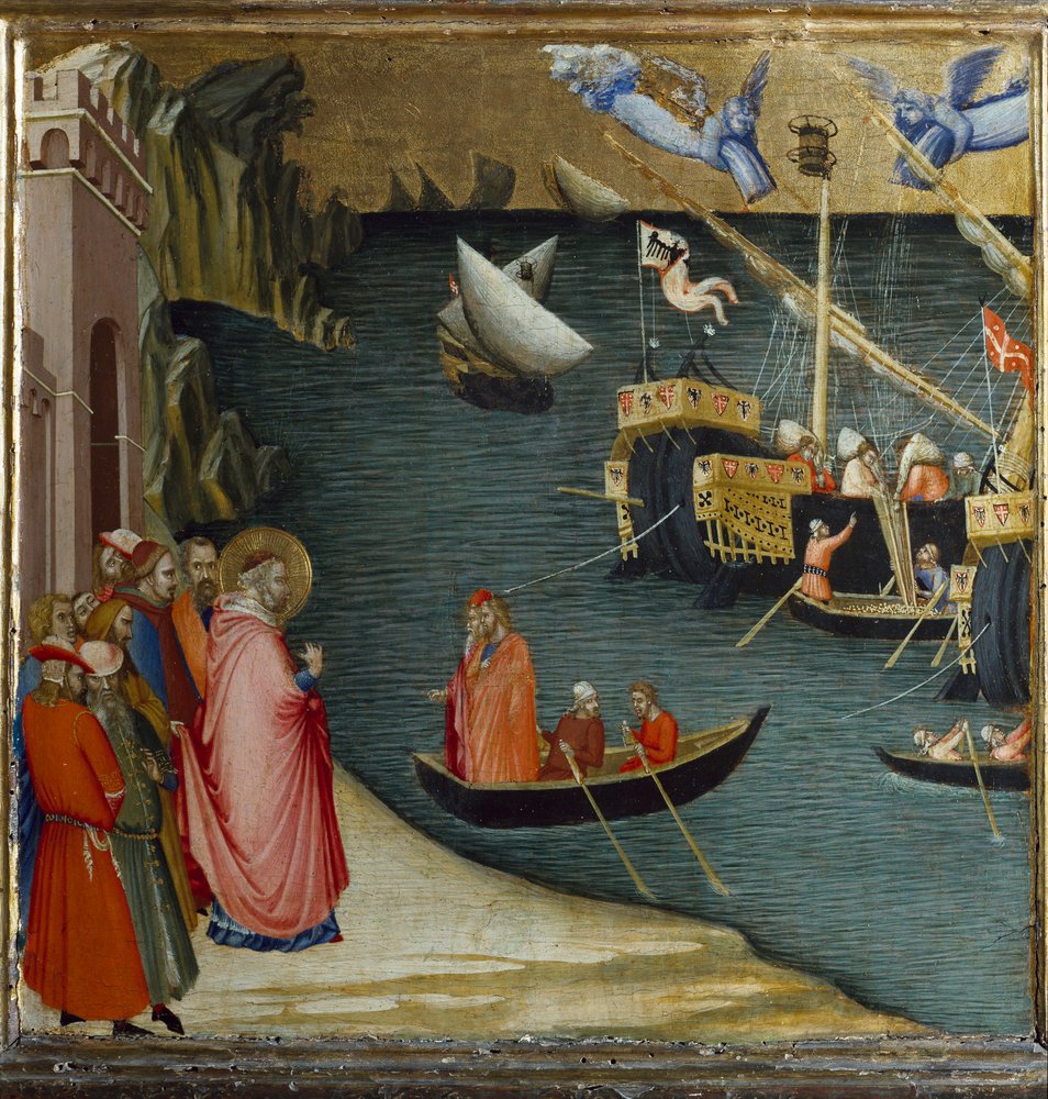 St Nicholas, bishop of Myra, saves a ship carrying a cargo of wheat from the storm. Scenes from the Life of St Nicholas by Ambrogio Lorenzetti