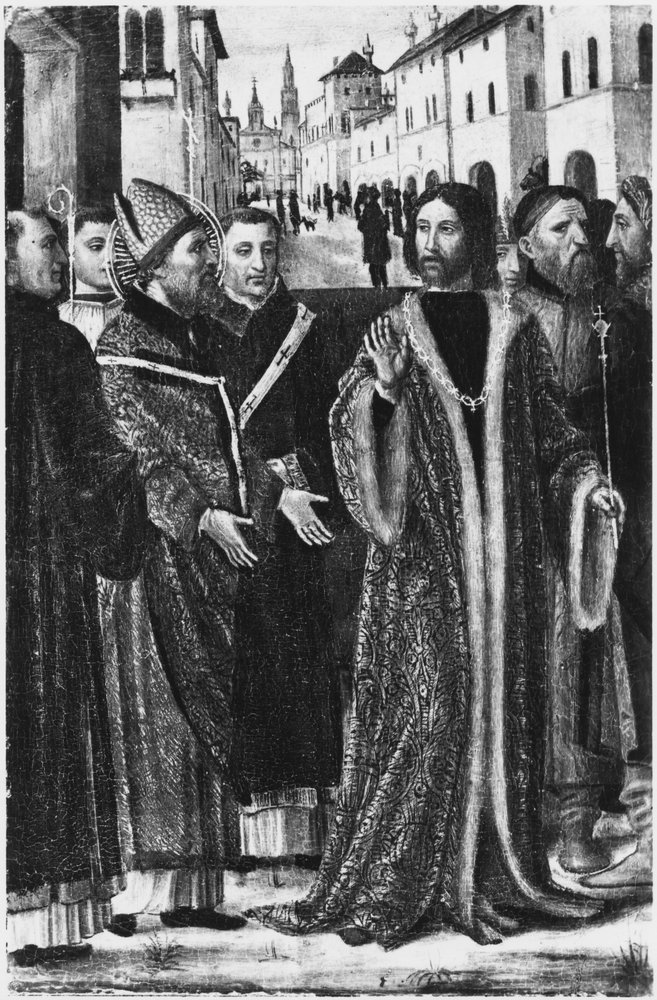 St. Ambrose refuses Roman Emperor Theodosius I the Great admission to the Church in Milan by Ambrogio da Fossano (c.1460-1523)