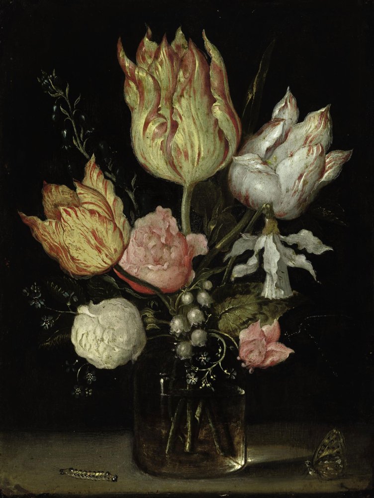 Still Life of Flowers in a Glass Vase with a Caterpillar and a Butterfly