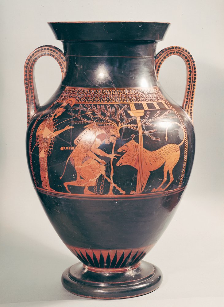 Attic red-figure belly amphora depicting Herakles capturing Kerberus ...
