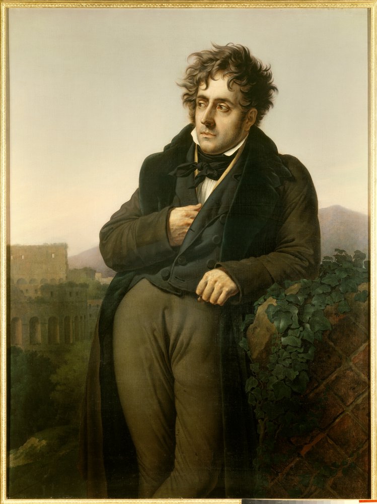Portrait of Francois Rene, Viscount of Chateaubriand meditating on the ruins of Rome in front of a view of the Colosseum by Anne-Louis Girodet de Roucy-Trioson
