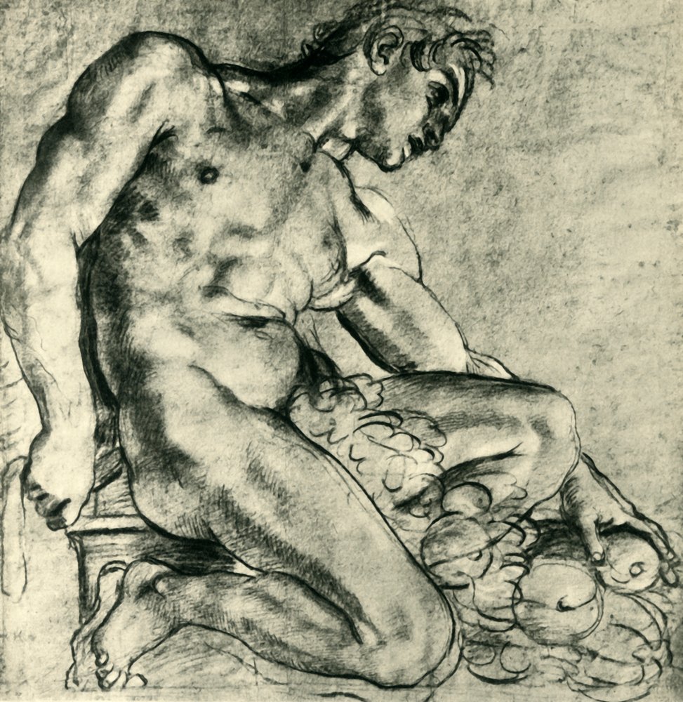 A Seated Ignudo with a Garland, 1598-1599 by Annibale Carracci