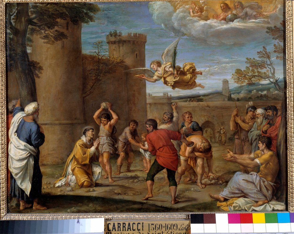 The stoning of St. Stephen: St. Stephen was the first Christian martyr who died by stoning in 36 AD. Painting by Annibale Carracci or Annibal Carrache (1560-1609). 16th century. Dimensions 0.42 x 0.54 m. Paris. by Annibale Carracci