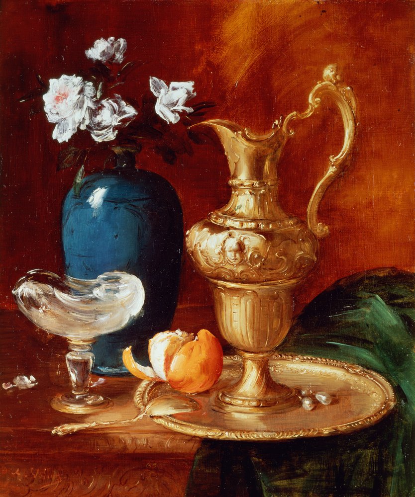 Still life of a gilt ewer, vase of flowers and a façon de Venise bowl by Antoine Vollon