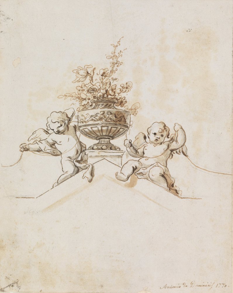 Study for a Painted Wall Decoration: Two Putti beside a Vase with Flowers by Antonio di Dominici