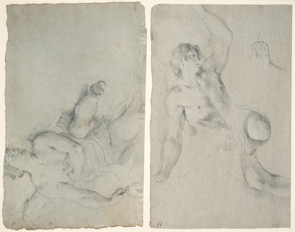 An angel in flight, and an angel leaning down with upraised arm by Antonio Balestra