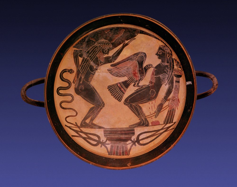 Black Figure Kylix Depicting Atlas Holding Up the Sky and Prometheus Bound with an Eagle Picking Out His Liver, c.555 BC by Arkesilas Painter