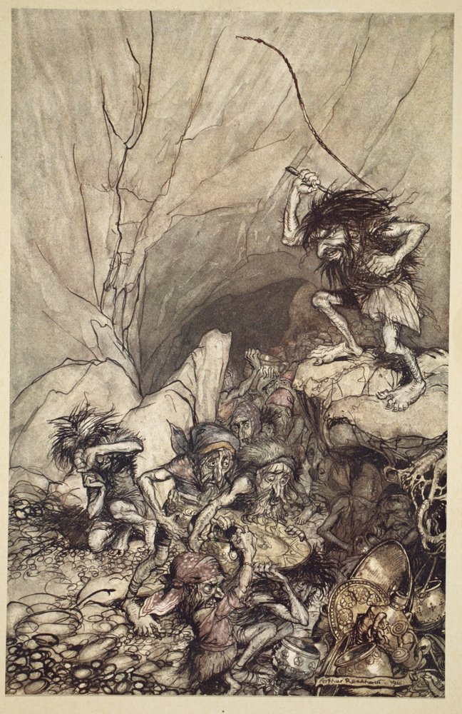 Albrech drives in a band of Nibelungs with gold and silver treasures, from 