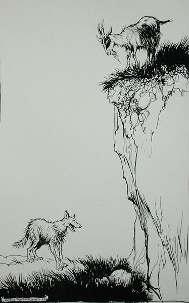 The Wolf and the Goat, illustration from Aesop
