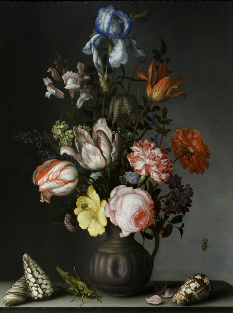 Flowers in a Vase with Shells and Insects, about 1630 by Balthasar van der Ast