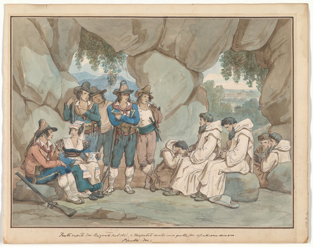 “Frati” Captured by Briganti and Held in a Grotto, illustration for Roman Costumes and Customs by Bartolomeo Pinelli