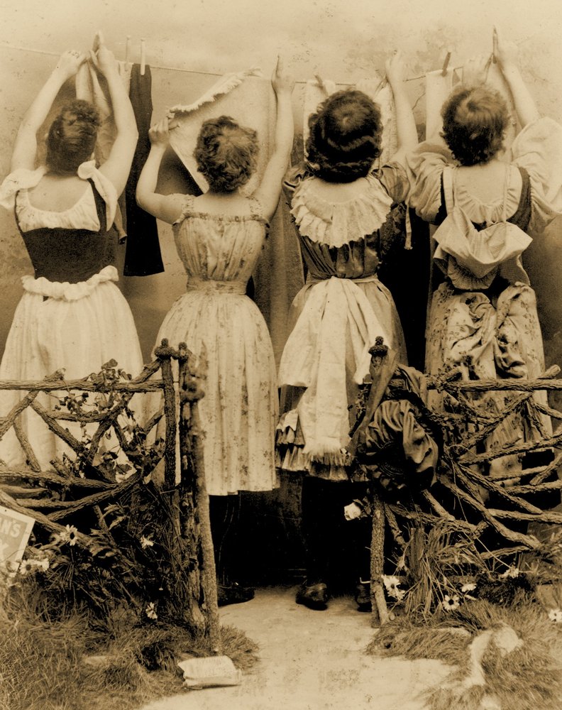 Advertisement for Kirkman’s Borax Soap, showing rear view of four women hanging laundry on a washline, c. 1891 by Benjamin J. Falk