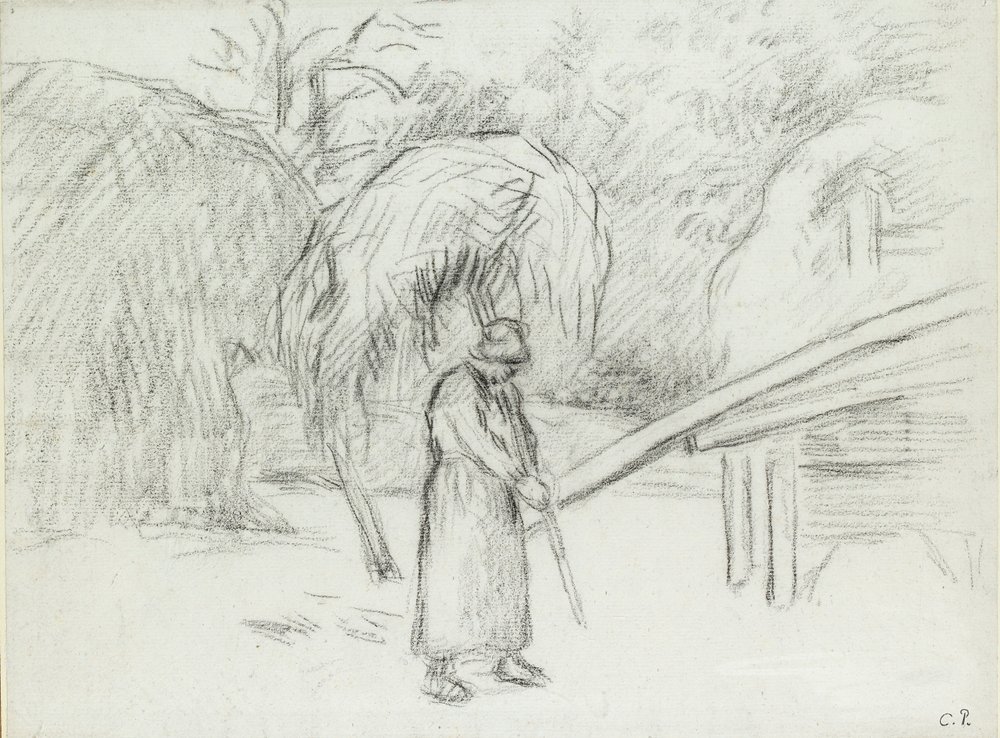 Study of a Female Peasant Carrying a Load of Hay in the Farmyard at Foucault, c1875 by Camille Pissarro