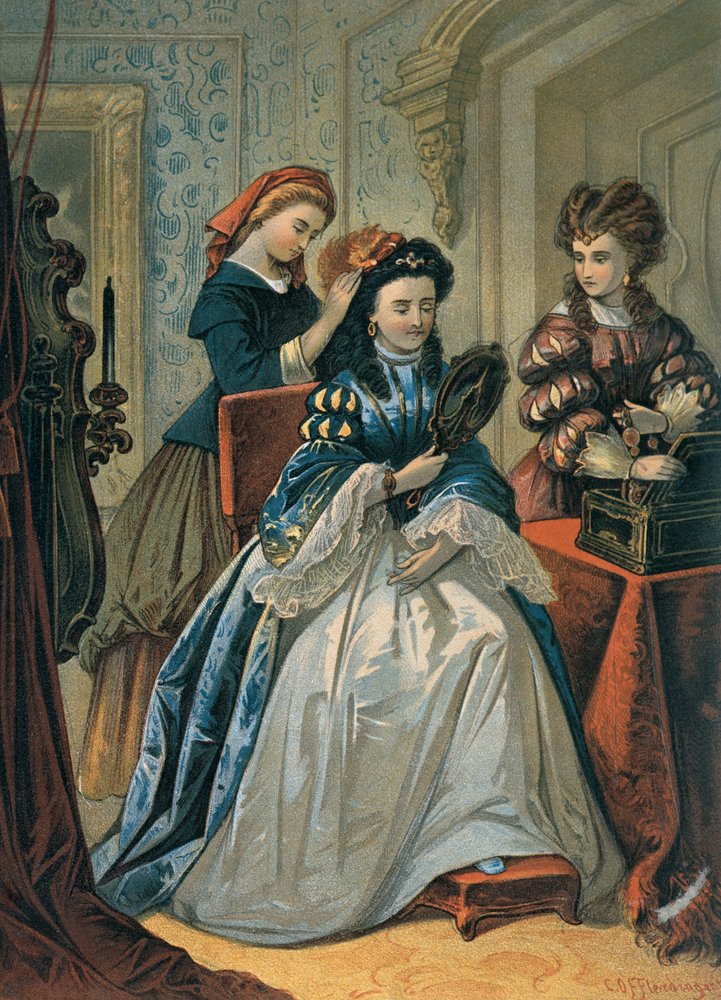 Cinderella doing her sisters's hair for the ball, illustration for ...