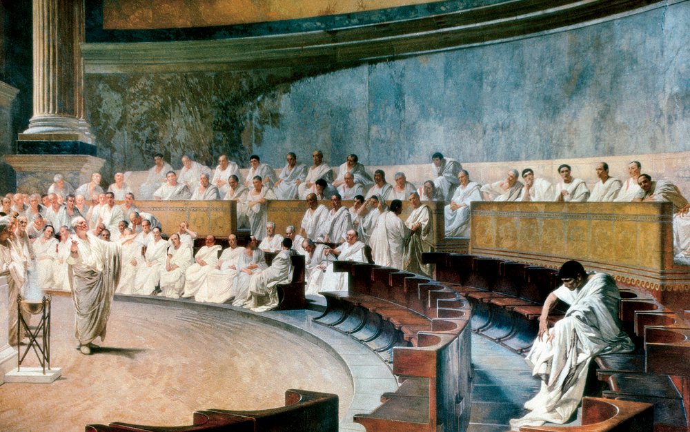 Cicero denounces Catiline on 8 November 63 BC. The scene takes place in the Roman Senate, fresco executed between 1882 and 1888 by Cesare Maccari by Cesare Maccari