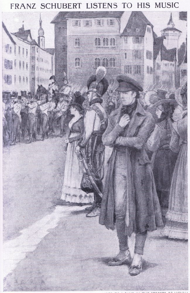 Franz Schubert listens to his music in the streets of Vienna by Charles Mills Sheldon