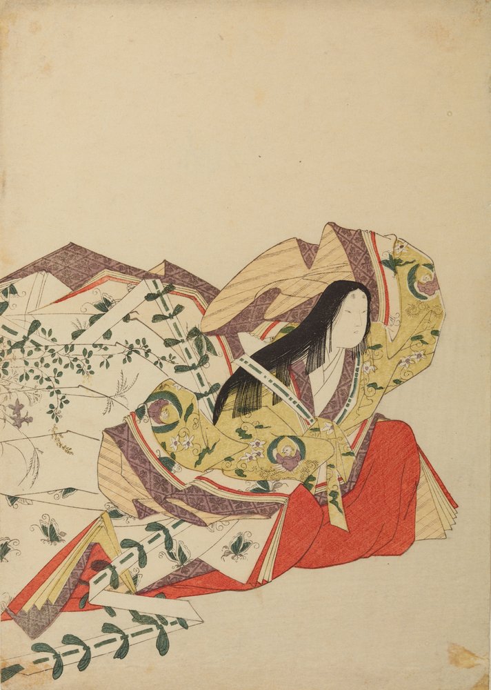 Court lady seated with her hand raised above her head, plate from the album: Thirty-six female poets / Nishiki-zuri onna rokkasen e-zukushi by Chobunsai Eishi