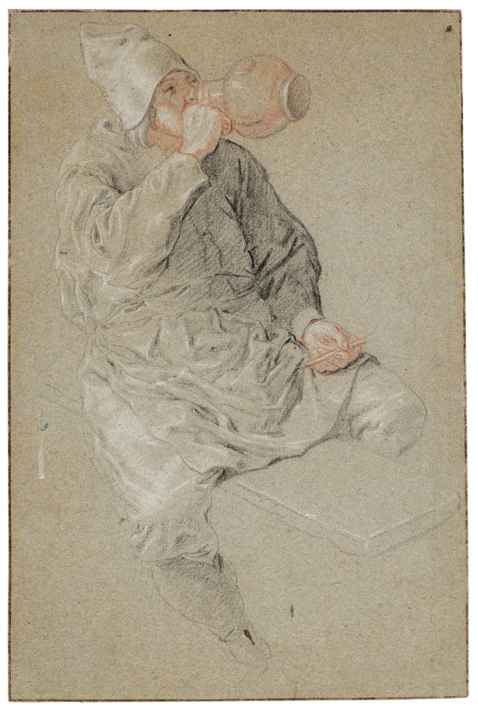 A Seated Man Drinking from an Earthenware Tankard Holding a Pipe by Cornelis Dusart