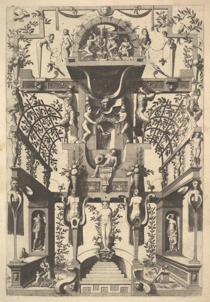 Fantastic Architecture Structure with Strapwork and Two Pergolas and a Small Scene with Vu by Cornelis Floris Ii
