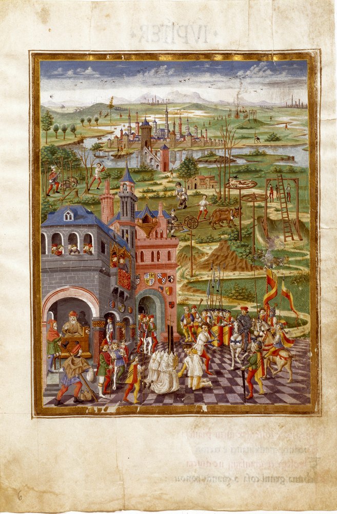 Scene of torture and convictions in a medieval city. Influences of Saturn (miniature, c. 1470) by Cristoforo De Predis