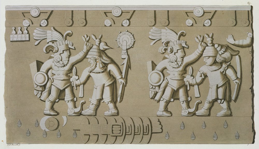 Bas Relief of Ancient Aztec Warriors, from The Stone of Tizoc Commemorating a Ruler Holding his Captives by the Head by D.K. Bonatti