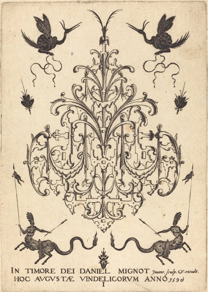 Title Page: Brooch, Snail-like Animals Above, Centaurs with Banners at Bottom by Daniel Mignot