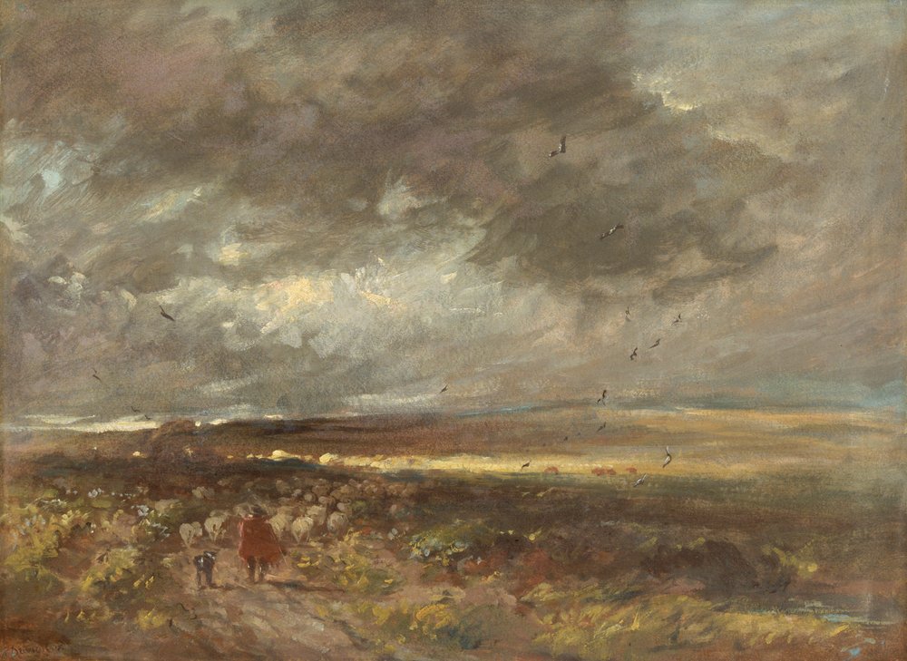 Moorland landscape: shepherd and sheep, c. 1810. by David Cox the elder