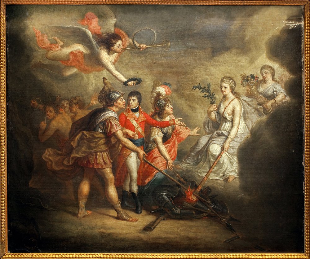 The Peace of Amiens. Treaty signed on 25 March 1802 between the United Kingdom and its allies, the Ottoman Empire, on the one hand and France, Spain and Holland on the other. The painting depicts Napoleon I Bonaparte, crowned by an angel sounding the by Dominique Doncre