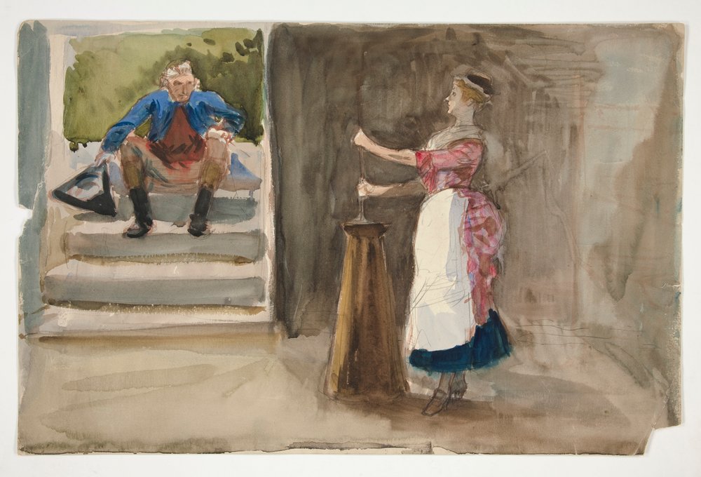 Woman Churning Butter, Man in Revolutionary Dress Watching
