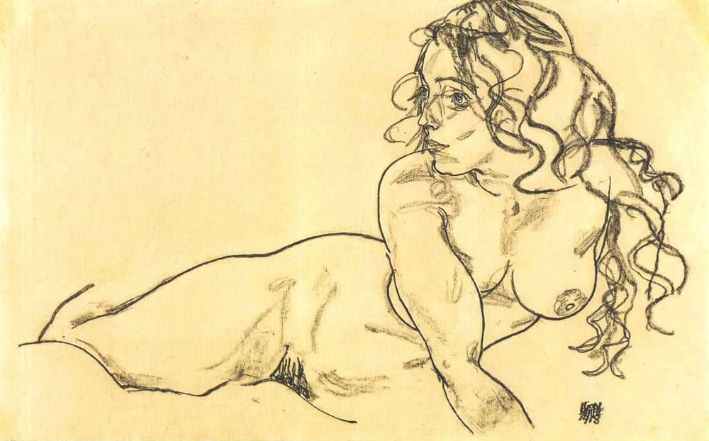 Female Nude Propping Herself Up with Long Hair by Egon Schiele