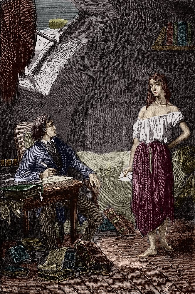 Marius and Eponine, older daughter of the Thenardiers and in love with Marius. Illustration of the novel “Les Misérables” by Victor Hugo (1802-1885), illustration by Emile Bayard - (Eponine Thenardier (Jondrette girl) and Marius), engraving, private by Emile Antoine Bayard