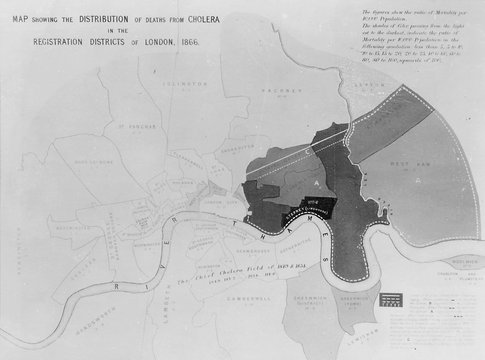 Map Showing the Distribution of Deaths from Cholera in the Registration Districts of London, 1866 by English School