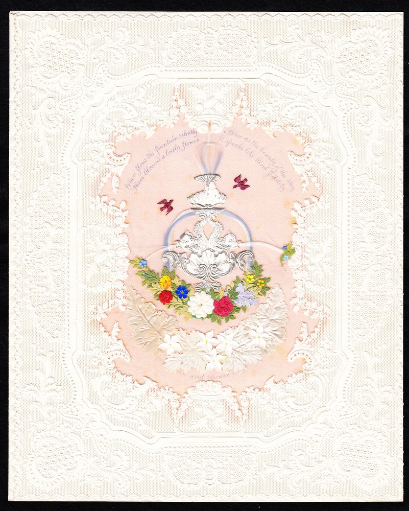 Victorian Paper Lace Valentine Card of a Fountain with Flowers, c.1870 by English School