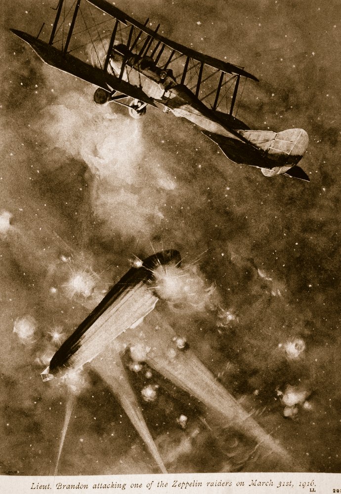 Lieut. Brandon Attacking One of the Zeppelin Raiders on March 31st, 1916, 1914-19 by English School