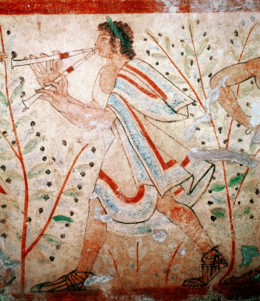 A flute player. Detail of a fresco, 5th century BC by Etruscan