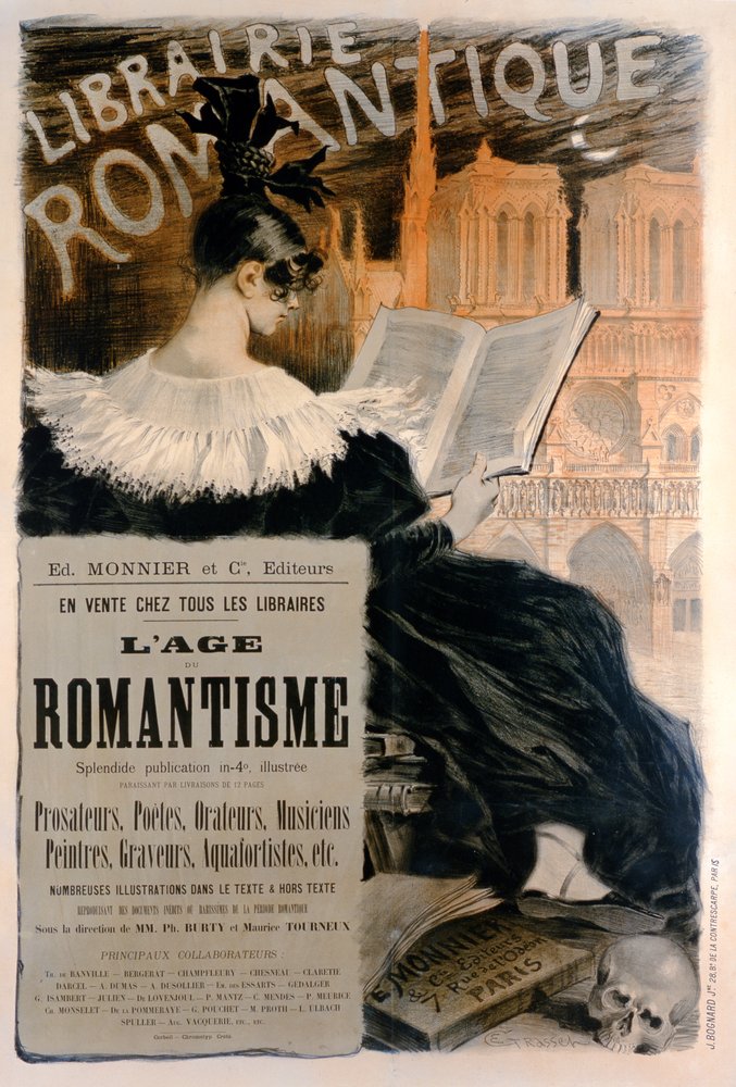 ‘Librairie Romantique’ poster advertising a series of books on the history of romanticism, 1887 by Eugene Grasset